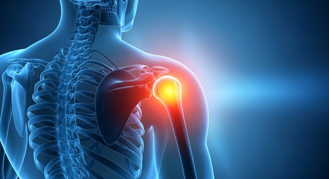 3D medical illustration of inflamed shoulder joint with glowing red pain and skeletal structure