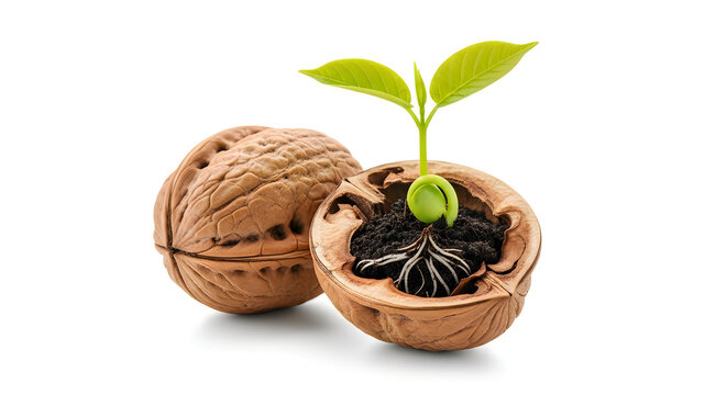 A walnut shell with a plant growing out of it