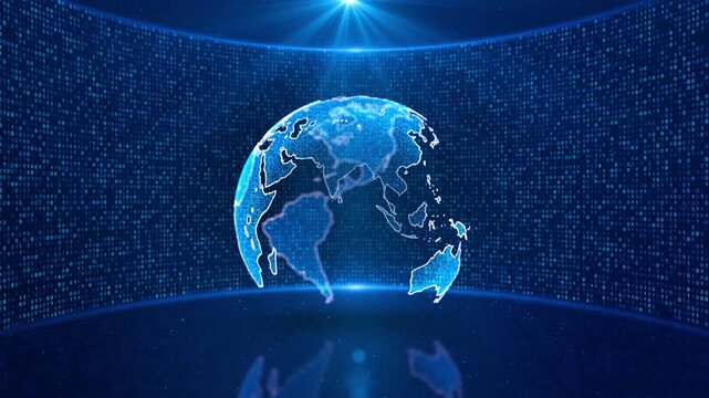 Digital dotted planet earth animation black background. Rotating world globe square particles. Big data technology, business, communication, or digital big data transfer and cyber security technology