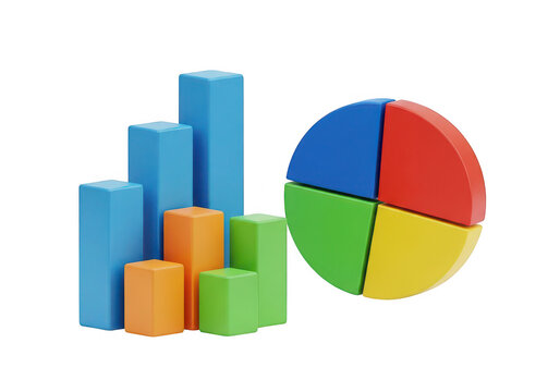 Colorful 3d rendered bar graph and pie chart illustration ideal for data visualization on transparent background