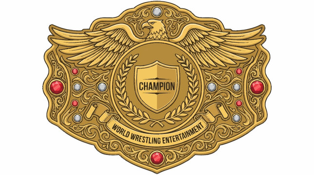 A detailed illustration of a golden championship wrestling belt with an eagle emblem and the words "CHAMPION" and "WORLD WRESTLING ENTERTAINMENT" inscribed.
