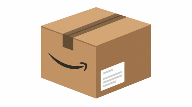 An isometric illustration of a brown cardboard shipping box with the Amazon smile logo and a shipping label.