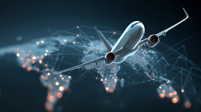 Airplane flying above a digital map of the world with bright lights showing connections in the evening sky