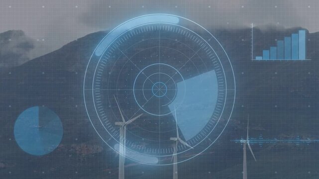 HUD overlay starting scan, monitoring wind farm, rotating wedge, filling pie, growing bars