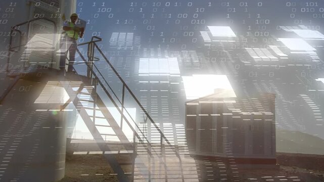 Field tech climbing tower staircase, overlay appearing and causing tablet checking for wind data