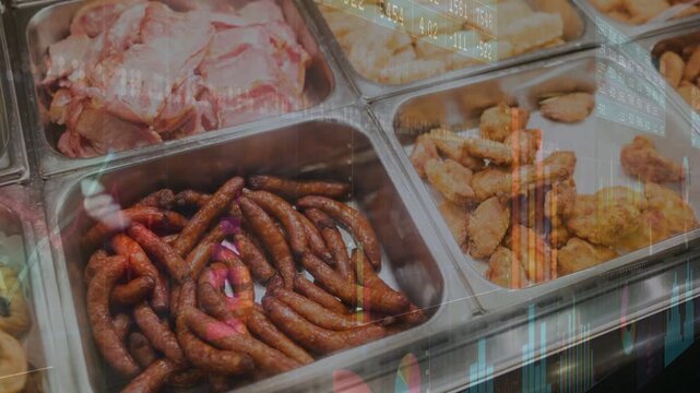3 steel deli pans with links cured fries, camera drifting, data-overlay creating ghosting on trays