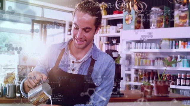 Barista lifting pitcher, pouring milk in cups, making coffee art to serve, hex overlays overlaying