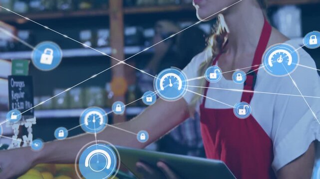 Tapping tablet, market worker scanning citrus while blue UI nodes spreading to update pricing
