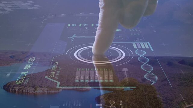Male finger descending, pressing HUD over coast for medical analysis, pulsing dial, DNA, bars