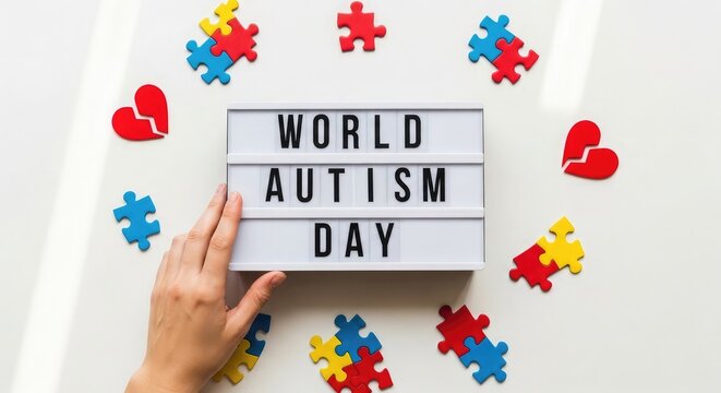 World autism day awareness puzzle pieces and letter board message