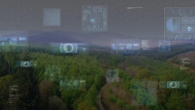 Sensor activation initiating drone scanning and projecting HUDs over forest valley for mapping