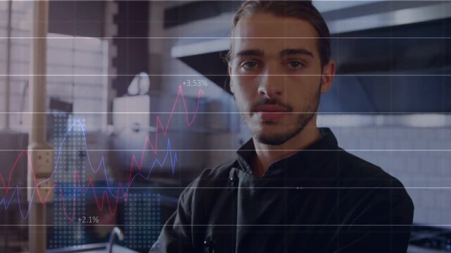 Camera zooming in, chef uncrossing arms and data overlay fading in, revealing professional portrait