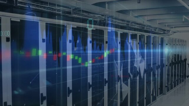 Server rack receiving feed, showing waves and candles for ops, reflecting on doors as tech passing