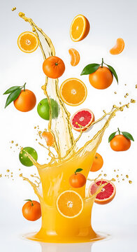 Fresh Citrus Fruit Explosion with Orange Juice Splash Isolated on White