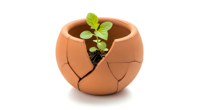 A small green plant growing in a cracked terracotta pot