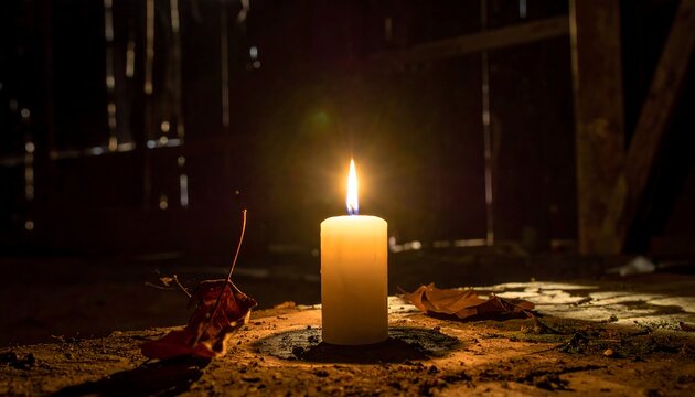 A single lit candle casts a warm glow in a dark, rustic room with a fallen leaf
