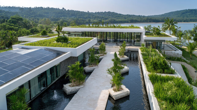 Sustainable architectural resort building integrating green roof gardens, terraced landscapes, and rainwater harvesting systems, fostering eco friendly living and modern environmental design