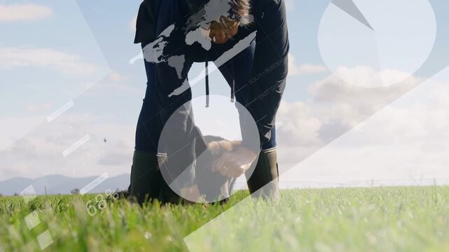 Owner cupping hands offering treat in field, dog sniffing settling as charts sweeping for training