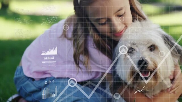 Child kneeling on lawn hugging dog, charts appearing after embrace and animating pet health metrics