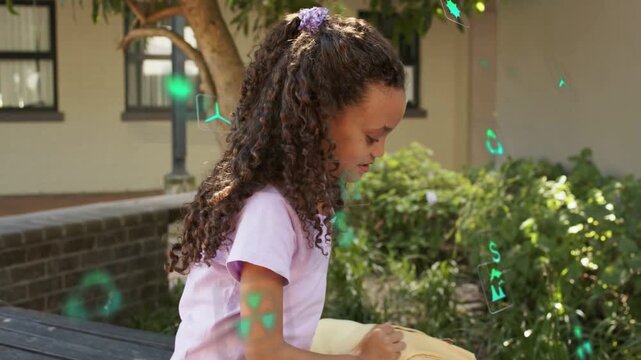 Pupil reaching into yellow backpack placing notebook and drawing schoolwork as green AR icons float