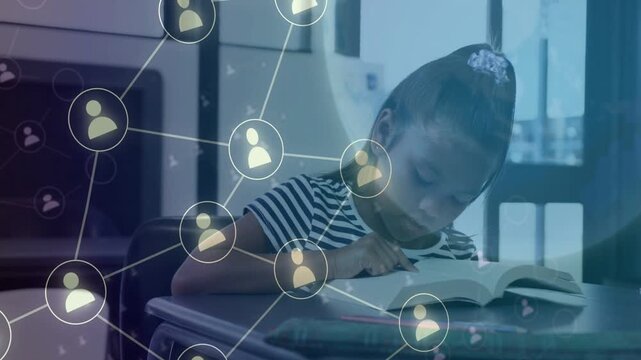 Girl student reading book with pencil, turning page causing web nodes layering over desk studying