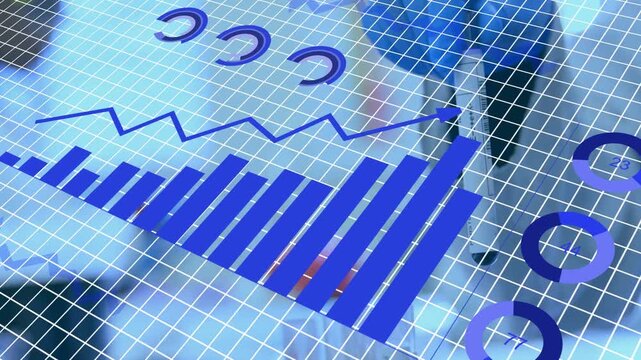 Man walking behind grid, pointer popping and animating charts, binary digits showing business data