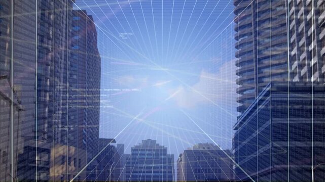 Sky gap framed by towers showing radial grid forming, streaks sweeping, drawing focus for design