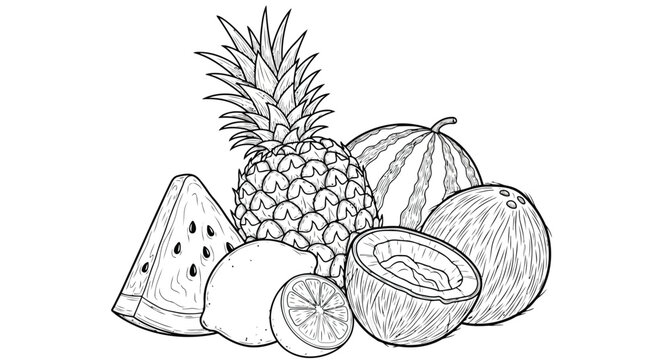 A group of fresh fruits including pineapple and watermelon