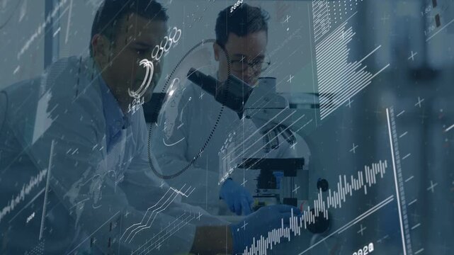 Two male researchers placing slide and adjusting microscope for analysis, charts overlaying scene