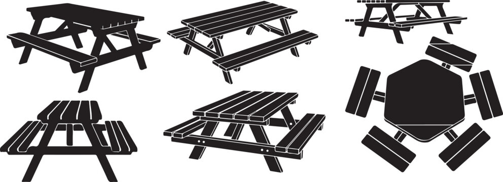 Silhouette of picnic tables isolated on a white background simple graphic. Picnic tables silhouette vector illustration.