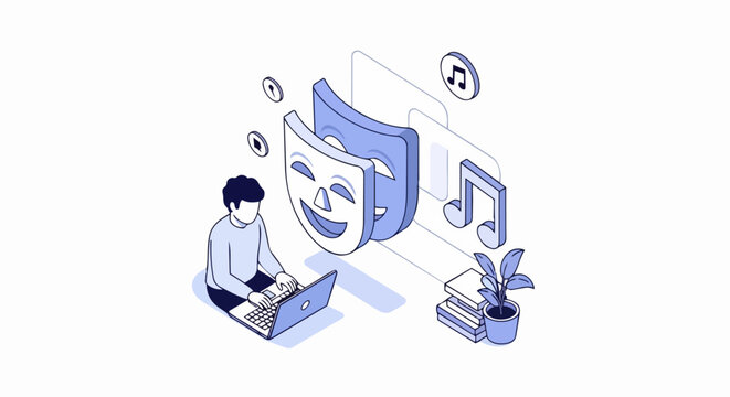 Isometric Illustration of Creative Professional Working on Laptop with Theater Masks and Music Notes - Digital Arts, Storytelling, and Content Creation Concept