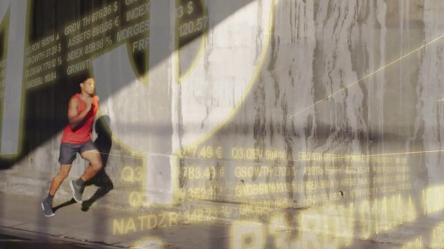 Man entering left jogging speeding through diagonal light with ticker overlaying him for fitness
