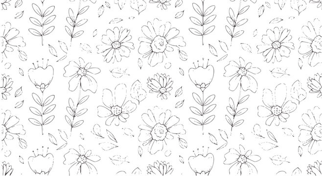 Black and white hand drawn floral pattern with daisies and leaves