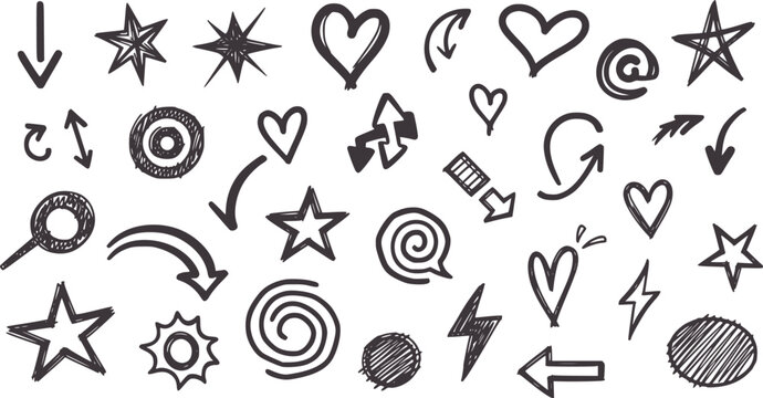 Collection of hand drawn dark grey doodle and symbols white arrow heart star lightning