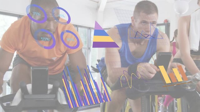 Three riders in fitness gym reacting to console data, pushing pedals as metrics animating training