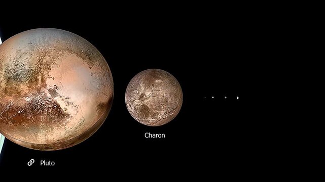3D animation comparing sizes of Pluto and its moons including Charon and smaller satellites.