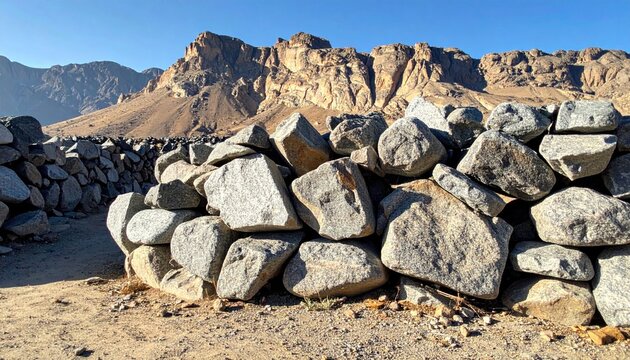 A Pile of Smooth Grey Granite Stones Forming a Makeshift Boundary with Mountains in the Background