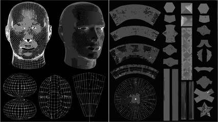 Digital human head models and polygonal mesh components on a dark background © Nipa
