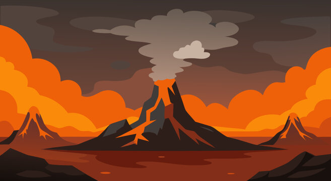 A cartoon volcano erupts with smoke and lava flowing down its slopes under a dramatic sky