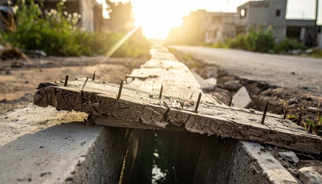 Splintered wooden plank with exposed nails precariously bridges a sunlit ditch in an abandoned urban setting.