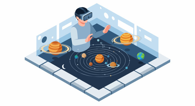 Isometric Illustration of a Person Wearing VR Goggles Exploring a 3D Solar System with Planets and Orbits for Virtual Reality Education and Space Science Technology Concept