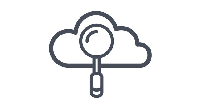 Minimalist black vector icon of a cloud with a magnifying glass, representing cloud search, data analysis, and information retrieval in cloud computing and storage services. Scalable illustration.