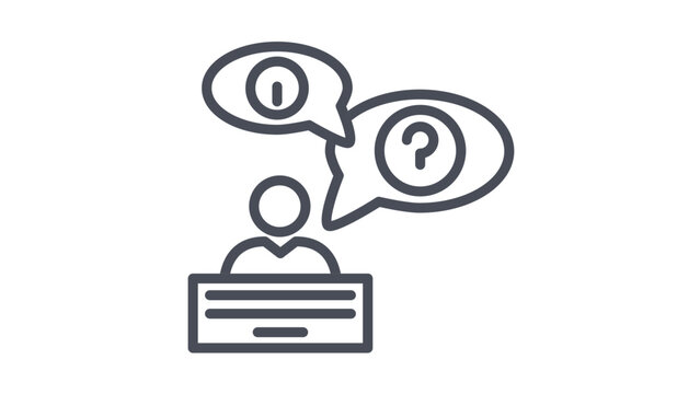 Black line art vector icon illustration of a person at an information desk with speech bubbles containing a question mark and info symbol, representing customer support and assistance.