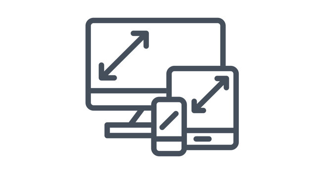 Responsive web design vector icon featuring a desktop monitor, tablet, and smartphone with diagonal scaling arrows, representing multi-device compatibility and adaptive screen layout concepts.