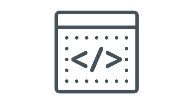 Web development and programming vector icon illustration. Minimalist black line art of a browser window with a code symbol inside, representing software engineering, web design, and coding.