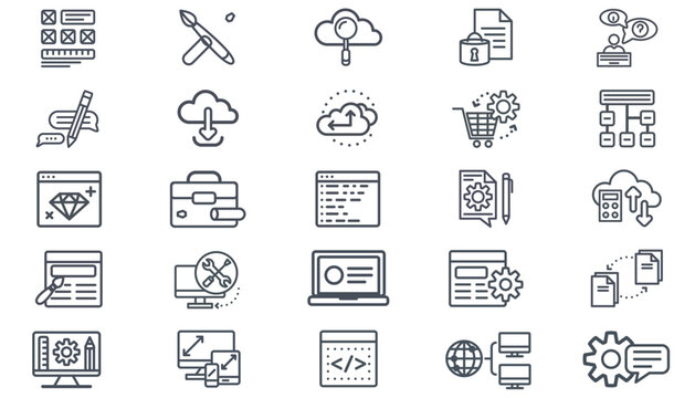 Vector Icon Set of 25 Black Minimalist Symbols for Web Development, Cloud Computing, IT Support, Graphic Design, E-commerce, Responsive UI UX, Business Management, and Technical Documentation.