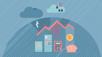 Naklejka premium Financial downturn illustrated with rain clouds and economic symbols