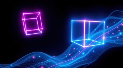 Obraz premium Neon cubes float above digital waves. Bright pink, blue lines create futuristic geometry. Dark background emphasizes glowing forms.