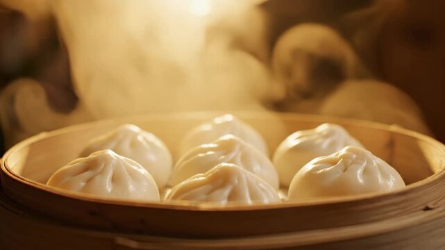 Steaming dumplings in a bamboo steamer