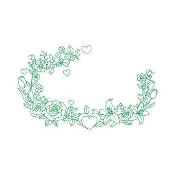 Green floral heart shaped wreath with roses and leaves